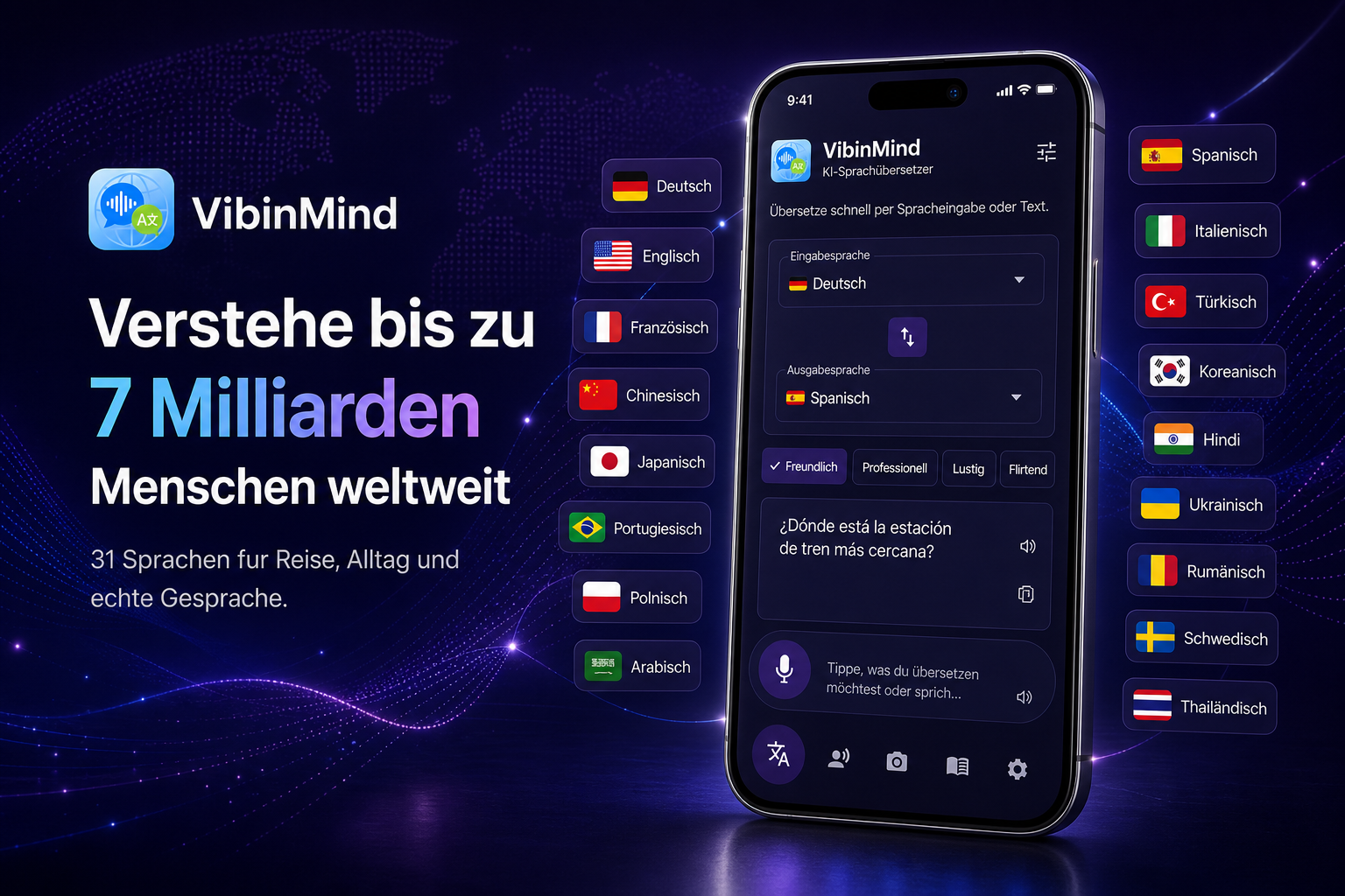 VibinMind KI-Sprachübersetzer mit Smartphone, Flaggen und 31 Sprachen für Reise, Alltag und Gespräche